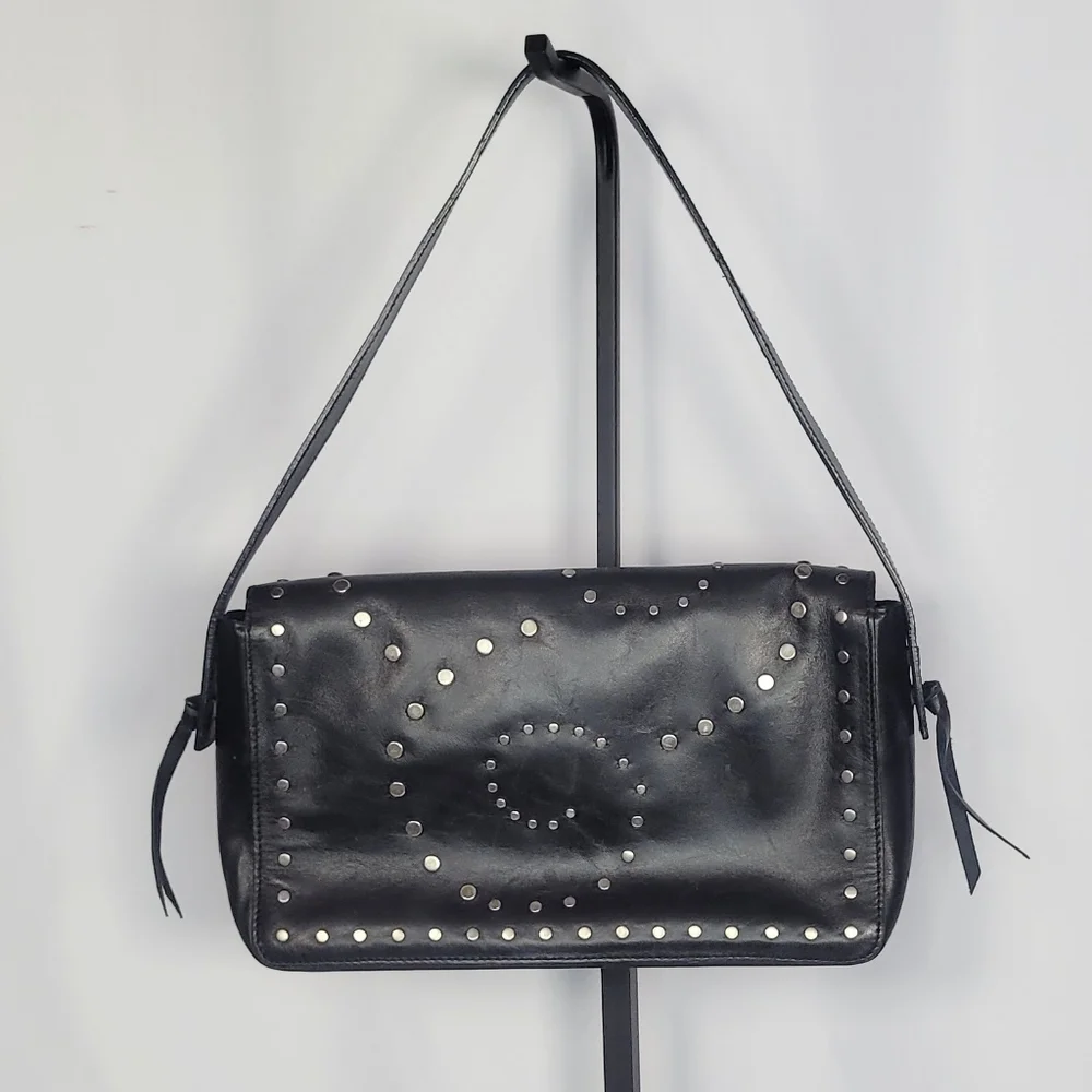 BCBG Max Azria Studded Leather Shoulder Bag Black Studded Flap Purse Y2K Style - Picture 3 of 11